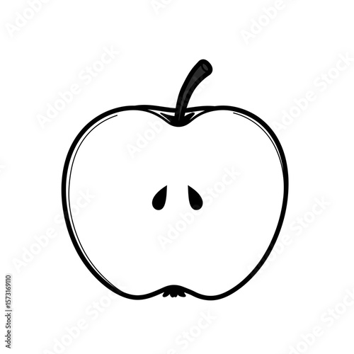 Half apple with stem and two seeds black outline silhouette