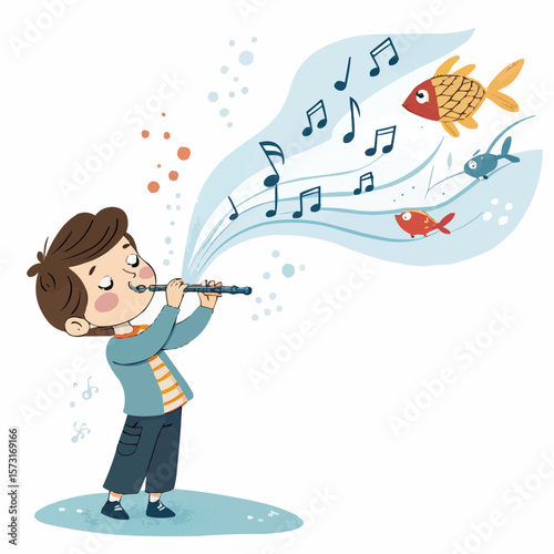 Boy Playing Flute with Glowing Fish in Air and Water-Like Musical Flow 