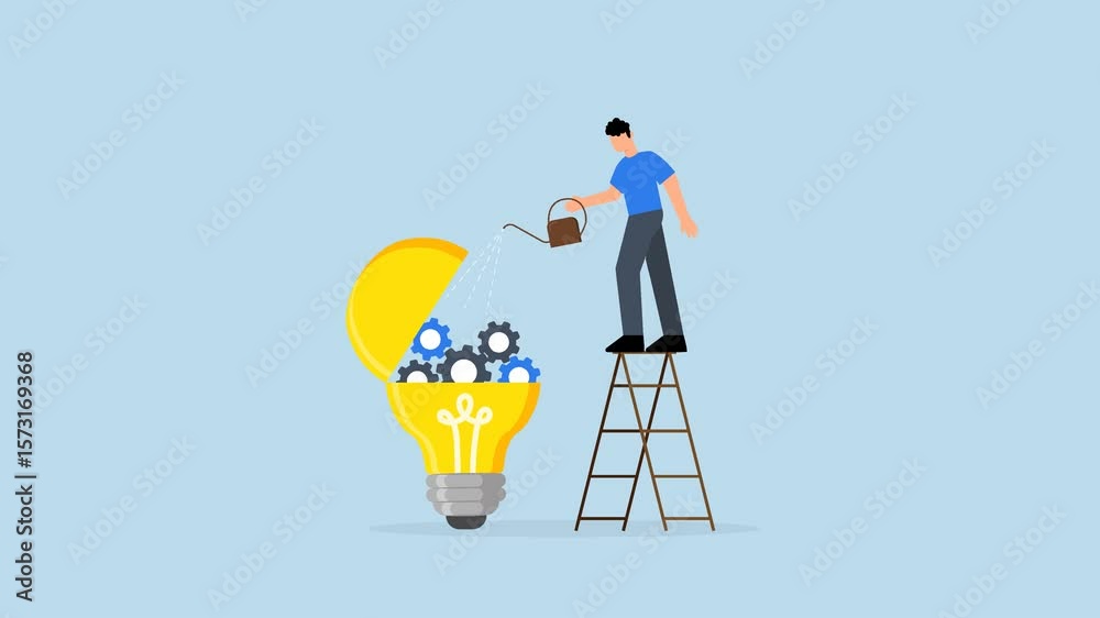 Maintenance brain to generate idea, 4k animation of entrepreneur pours lubricant into an exposed ampoule containing mechanical gears.