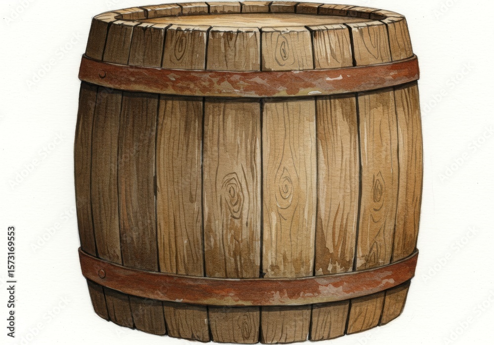 Fototapeta premium Rustic Wooden Barrel on White - A weathered, old wooden barrel, symbolizing age, tradition, storage, craftsmanship, and the passage of time. It evokes a sense of history and rustic charm