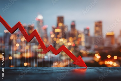 Digital graph with downward red arrow over city skyline visualizes a stock market crash or economic downturn, illustrating financial pressure, uncertainty, and corporate loss in a modern urban setting