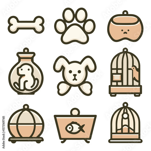 Collection of pet-themed icons featuring a bone, paw print, fishbowl, and various animal cages