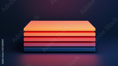 A 3D illustration of six colorful, stacked rectangular layers in a gradient from orange to dark blue on a dark background.
