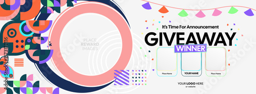 Giveaway winner announcement design with colorful geometric ornaments. Giveaway winner announcement with three winners. Horizontal wide banner, suitable for big mega sale, web and business themes