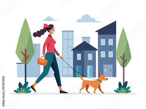 Woman walking her dog in the city with buildings and trees isolated on white background
