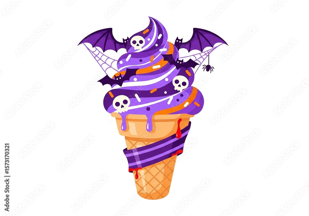 Naklejka premium A cartoon ice cream cone, centrally located, decorated for Halloween