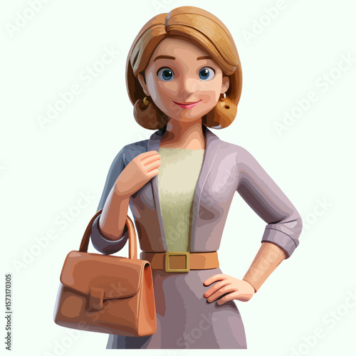 A beautiful young woman, a fashion model, is standing and smiling with a handbag and suitcase, ladies' Fashion