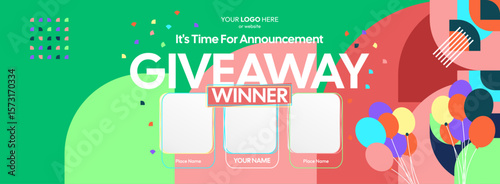 Giveaway winner announcement design with colorful geometric ornaments. Giveaway winner announcement with three winners. Horizontal wide banner, suitable for big mega sale, web and business themes