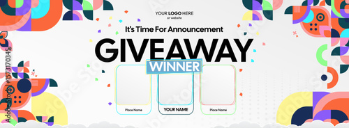 Giveaway winner announcement design with colorful geometric ornaments. Giveaway winner announcement with three winners. Horizontal wide banner, suitable for big mega sale, web and business themes