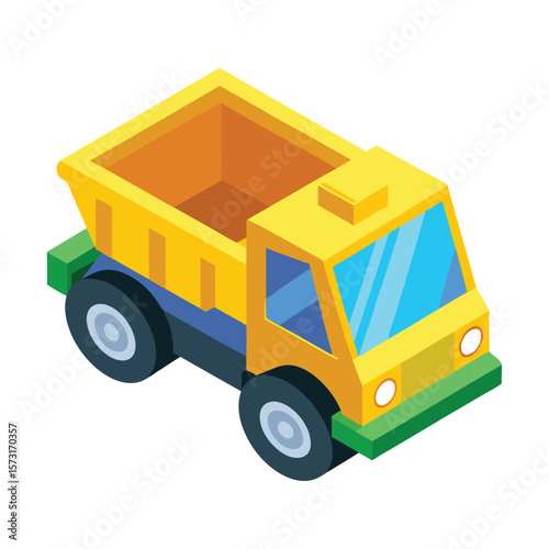 Bright yellow toy dump truck with blue and green accents in isometric view
