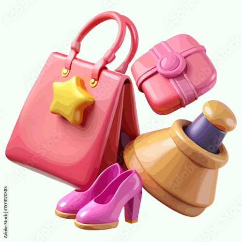 An isolated pink plastic watering can with a ribbon, alongside a pink plastic bag with a red flower, ladies' Fashion