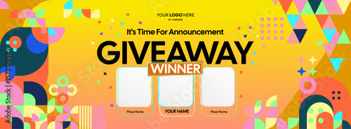 Giveaway winner announcement design with colorful geometric ornaments. Giveaway winner announcement with three winners. Horizontal wide banner, suitable for big mega sale, web and business themes