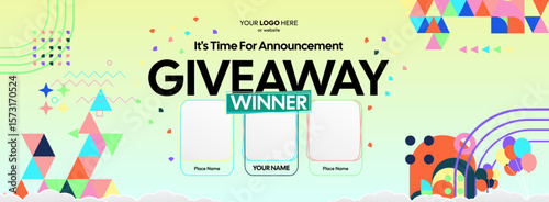 Giveaway winner announcement design with colorful geometric ornaments. Giveaway winner announcement with three winners. Horizontal wide banner, suitable for big mega sale, web and business themes