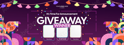 Giveaway winner announcement design with colorful geometric ornaments. Giveaway winner announcement with three winners. Horizontal wide banner, suitable for big mega sale, web and business themes