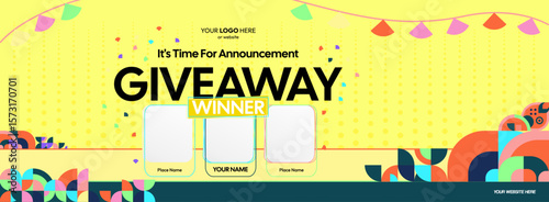 Giveaway winner announcement design with colorful geometric ornaments. Giveaway winner announcement with three winners. Horizontal wide banner, suitable for big mega sale, web and business themes