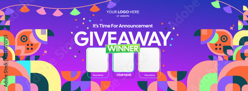 Giveaway winner announcement design with colorful geometric ornaments. Giveaway winner announcement with three winners. Horizontal wide banner, suitable for big mega sale, web and business themes