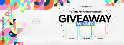 Giveaway winner announcement design with colorful geometric ornaments. Giveaway winner announcement with three winners. Horizontal wide banner, suitable for big mega sale, web and business themes