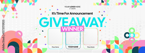 Giveaway winner announcement design with colorful geometric ornaments. Giveaway winner announcement with three winners. Horizontal wide banner, suitable for big mega sale, web and business themes