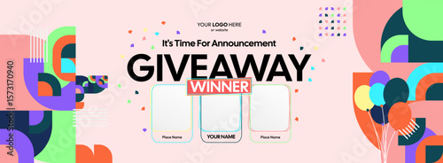Giveaway winner announcement design with colorful geometric ornaments. Giveaway winner announcement with three winners. Horizontal wide banner, suitable for big mega sale, web and business themes