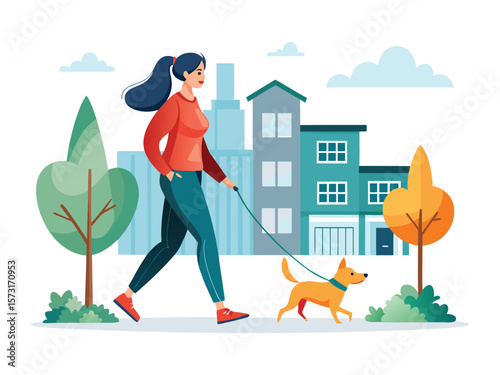 Young woman with dark ponytail walks her small orange dog on a leash in a park with buildings and trees isolated on white background
