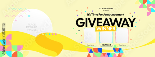 Giveaway winner announcement design with colorful geometric ornaments. Giveaway winner announcement with three winners. Horizontal wide banner, suitable for big mega sale, web and business themes