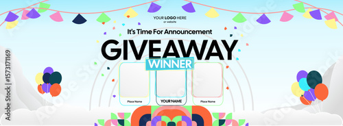 Giveaway winner announcement design with colorful geometric ornaments. Giveaway winner announcement with three winners. Horizontal wide banner, suitable for big mega sale, web and business themes