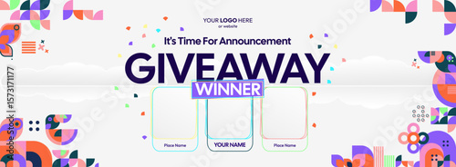 Giveaway winner announcement design with colorful geometric ornaments. Giveaway winner announcement with three winners. Horizontal wide banner, suitable for big mega sale, web and business themes