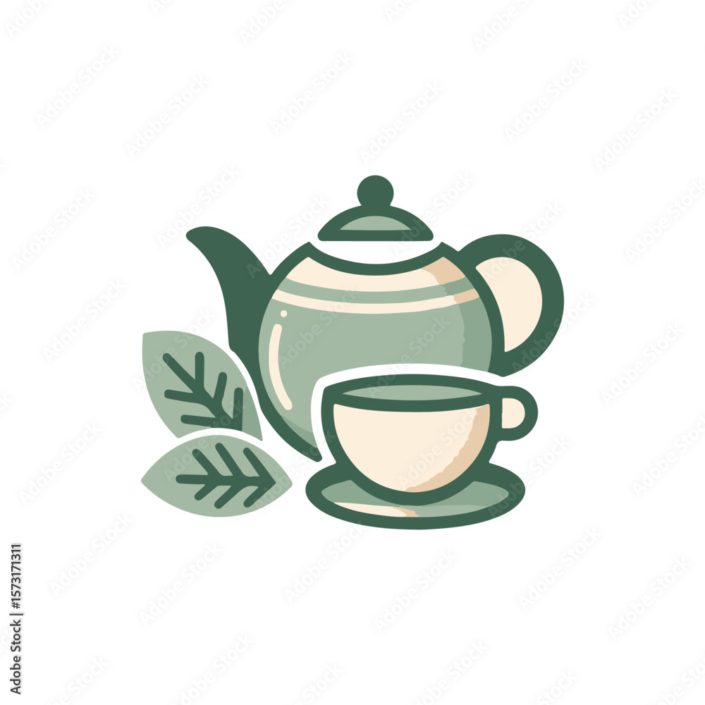 A serene tea set featuring a teapot and cup surrounded by green leaves, perfect for relaxation A serene tea set featuring a teapot and cup surrounded by green leaves, perfect for relaxation