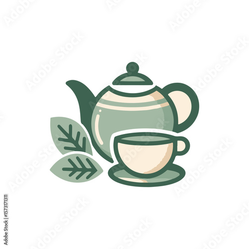 A serene tea set featuring a teapot and cup surrounded by green leaves, perfect for relaxation