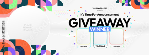 Giveaway winner announcement design with colorful geometric ornaments. Giveaway winner announcement with three winners. Horizontal wide banner, suitable for big mega sale, web and business themes