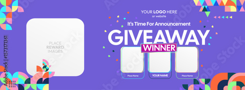 Giveaway winner announcement design with colorful geometric ornaments. Giveaway winner announcement with three winners. Horizontal wide banner, suitable for big mega sale, web and business themes