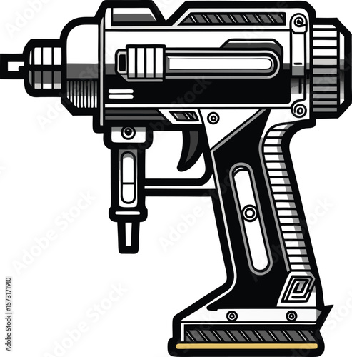 pneumatic nailer detailed black line art vector on white