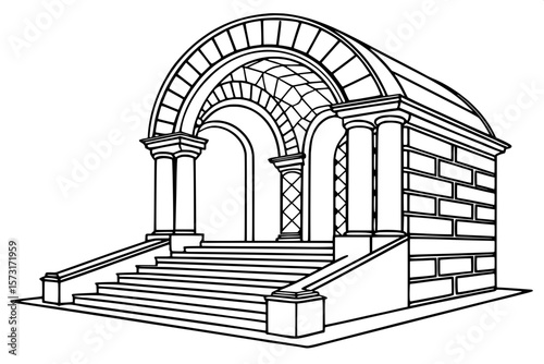 "Symmetrical architectural sketch of a monumental archway and steps, featuring a pair of massive, highly ornamented columns with decorative bases. The curved top of the arch includes layered stone pat