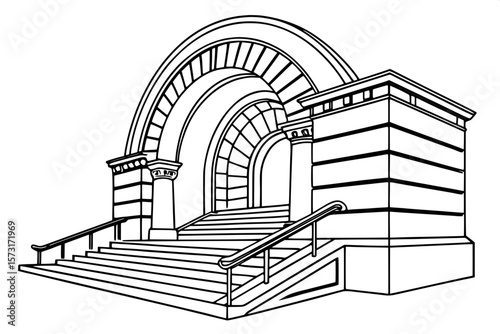 "Symmetrical architectural sketch of a monumental archway and steps, featuring a pair of massive, highly ornamented columns with decorative bases. The curved top of the arch includes layered stone pat