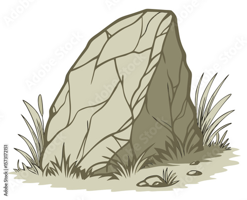 Gray rock standing on grassy ground with simple shading, transparent background  