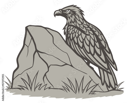 Eagle perched on a rock with grass in a minimalist style, transparent background  