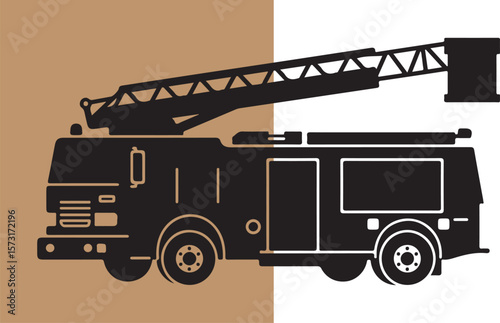 Silhouette of a modern fire engine truck with aerial ladder extended for emergency services