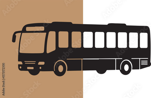 A simple black silhouette illustration of a city bus on a two-tone background