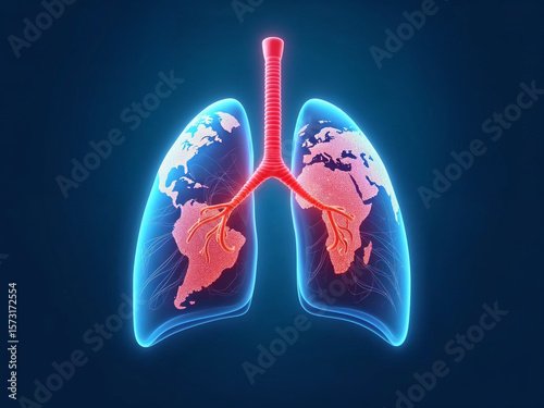 Digital illustration of human lungs with a detailed world map integrated inside, clearly symbolizing global health and clean air quality for the Earth.