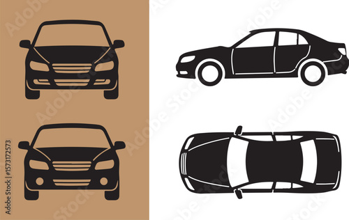 Vector illustration of black sedan car in different views showing front side and top