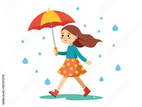 Cute cartoon girl with brown hair holding a red and yellow umbrella walking in the rain isolated on white background
