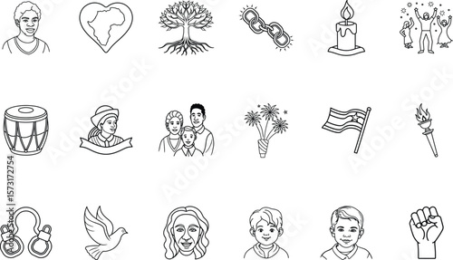 Line art icons representing Juneteenth celebration freedom community AfricanAmerican