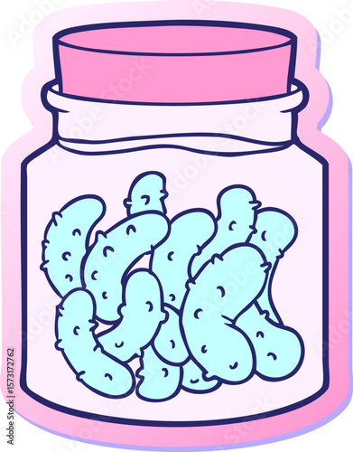 sticker of a cartoon pickled gherkins in bright neon color