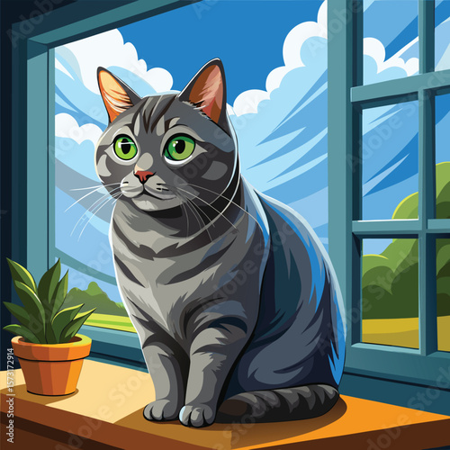 Gray cat sitting on a windowsill looking outside illustration for design use