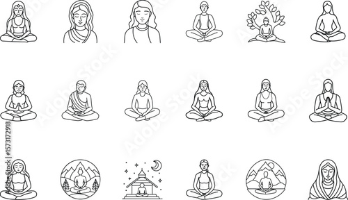 Line illustrations meditating people in various poses settings with closed eyes peaceful expressions
