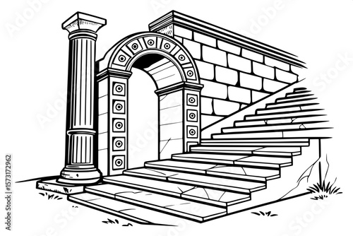 "Black and white drawing of an ancient ceremonial entrance, with a large arch supported by stylized Ionic columns. Each fluted shaft is adorned with intricate engravings, and the wide steps below are 