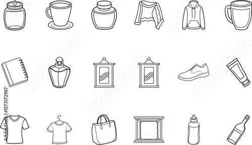 Outlined drawings various objects including clothing accessories household items in a grid pattern