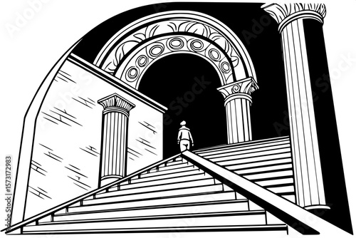 "Black and white drawing of an ancient ceremonial entrance, with a large arch supported by stylized Ionic columns. Each fluted shaft is adorned with intricate engravings, and the wide steps below are 
