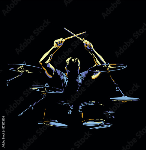 Isolated, high contrast, illustration of drummer playing drums.
