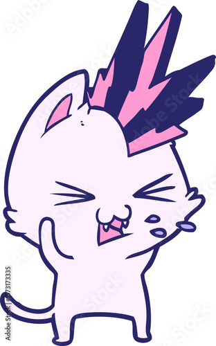 cartoon punk rock cat hissing in bright neon color